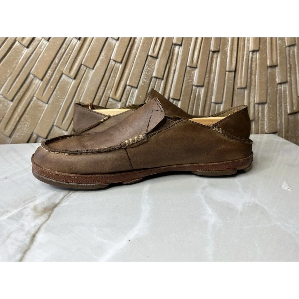 Olukai Moloa Men Leather Slip On Shoes Loafers Mules Slippers Sz 8.5 Brown